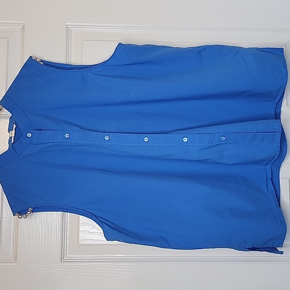 Eileen Fisher Washed Organic Calypso Cotton Poplin Blue Mandarin Collar Shirt - Picture 4 of 11